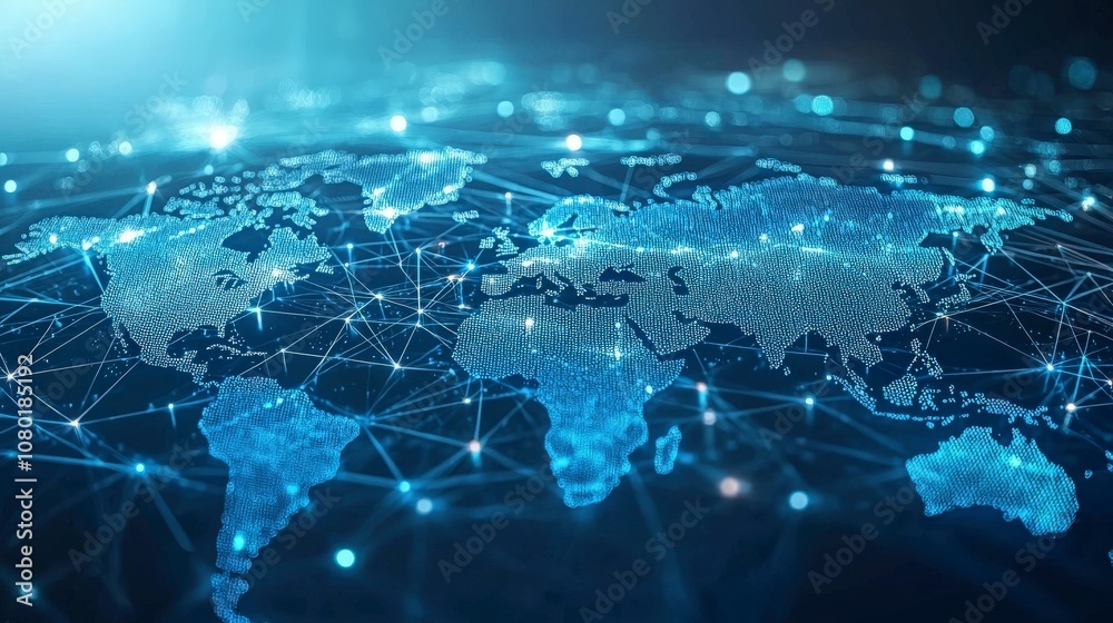 This image shows a digital world map design connected by a network of glowing lines, highlighting the concept of global communication and digital connectivity. This image shows a digital world map design connected by a network of glowing lines, highlighting the concept of global communication and digital connectivity.
