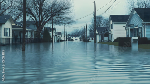 Flooded neighborhood street lined with houses, showcasing impact of rising water levels. scene evokes sense of urgency and concern for affected community photo