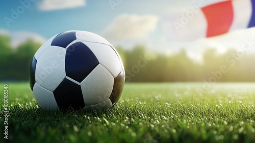 Soccer Ball on a Grass Field with a French Flag in the Background