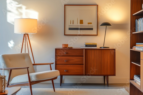A Cozy Living Space Showcasing Mid-Century Modern Design With Retro Furniture and Warm Lighting