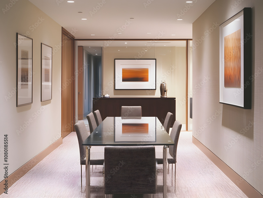 Fototapeta premium modern conference room featuring sleek glass table surrounded by stylish chairs, illuminated by soft lighting. walls are adorned with abstract art, creating sophisticated atmosphere