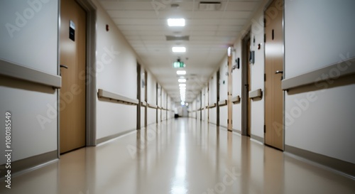 Modern Hospital Corridor with Polished Floors and Soft Blur Effect