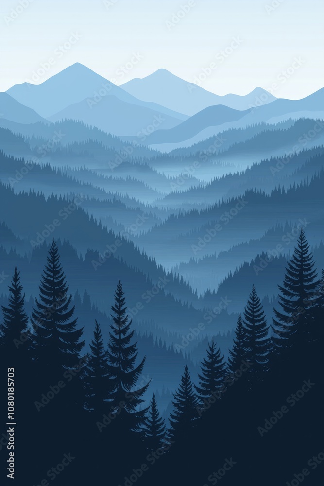 Fototapeta premium A blue mountain range with mist rising from the peaks, creating an ethereal and dreamy atmosphere. 