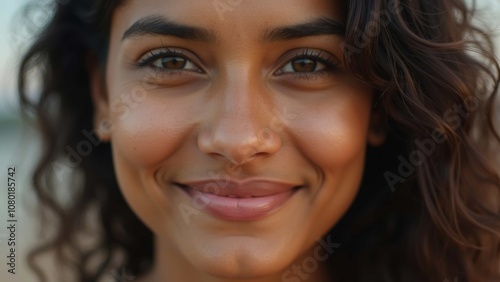 Smiling indian woman pretty face looking at camera, closeup portrait.