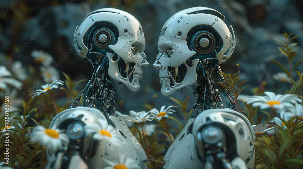 Fototapeta premium An artificial intelligence robot accompanied by small, vibrant white flowers, blending technology and nature in a harmonious and futuristic setting.