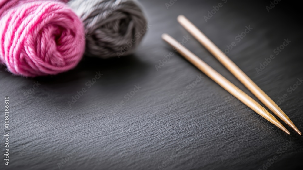Knitting Supplies: A close-up view of two balls of yarn, one pink and one grey, alongside wooden knitting needles. The soft. Knitting Supplies: A close-up view of two balls of yarn, one pink and one grey, alongside wooden knitting needles. The soft.