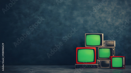 Stack of vintage televisions with green screens against textured wall, evoking nostalgia and retro aesthetics
