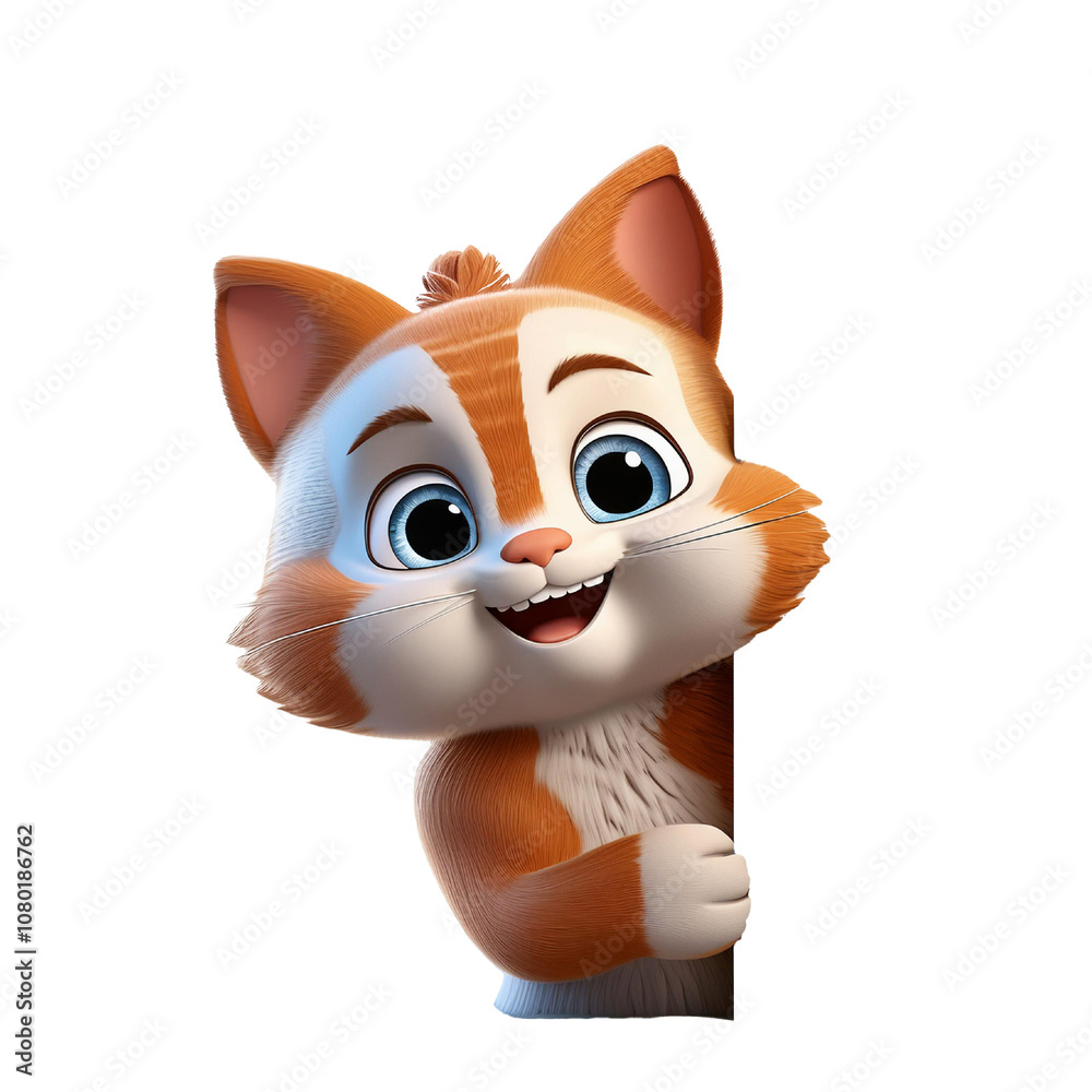 Fototapeta premium Cartoon-cat-hiding-behind-a-board,-3D-style