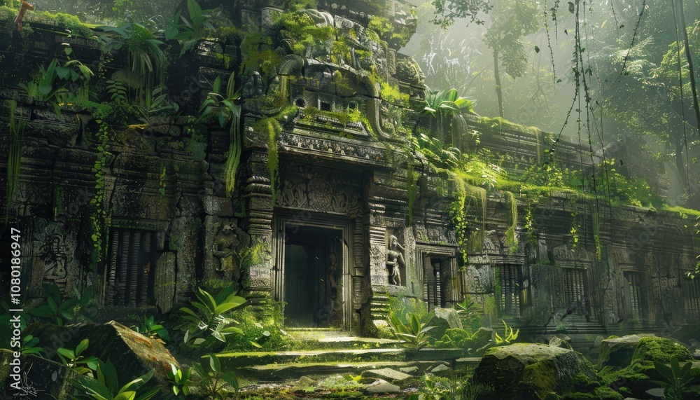 Ancient Stone Temple Overgrown with Lush Jungle Vegetation Ancient Stone Temple Overgrown with Lush Jungle Vegetation