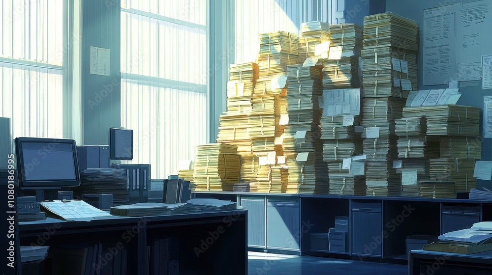 Overwhelming Piles of Paperwork in an Office Environment Overwhelming Piles of Paperwork in an Office Environment