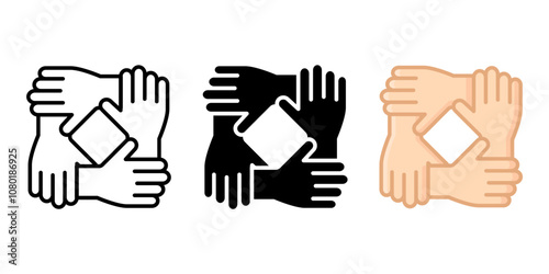 Four hands holding together color icon. Teamwork symbol. Solidarity and unity sign. Partnership pictogram. Charity organization and donation community illustration.
