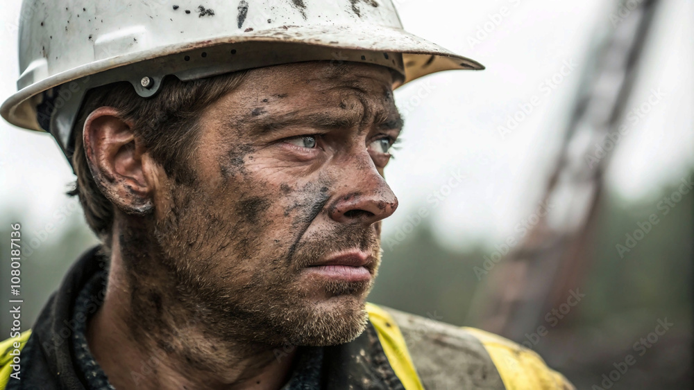 Proud Construction Worker in a dirty Helmet, Smiling Through the Dirt and Grime of a Hard Day's Work day in the life of a dedicated worker, safety first with helmet on.” Proud Construction Worker in a dirty Helmet, Smiling Through the Dirt and Grime of a Hard Day's Work day in the life of a dedicated worker, safety first with helmet on.”