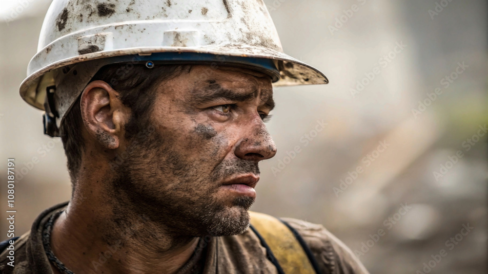 Proud Construction Worker in a dirty Helmet, Smiling Through the Dirt and Grime of a Hard Day's Work day in the life of a dedicated worker, safety first with helmet on.” Proud Construction Worker in a dirty Helmet, Smiling Through the Dirt and Grime of a Hard Day's Work day in the life of a dedicated worker, safety first with helmet on.”