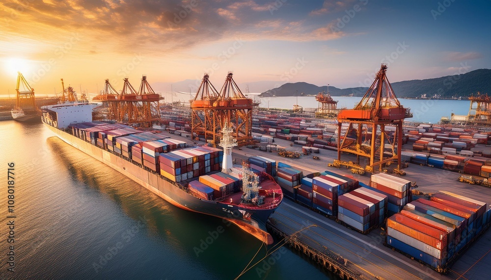 Naklejka premium Busy port with large cargo ship loading colorful containers under a bright blue sky