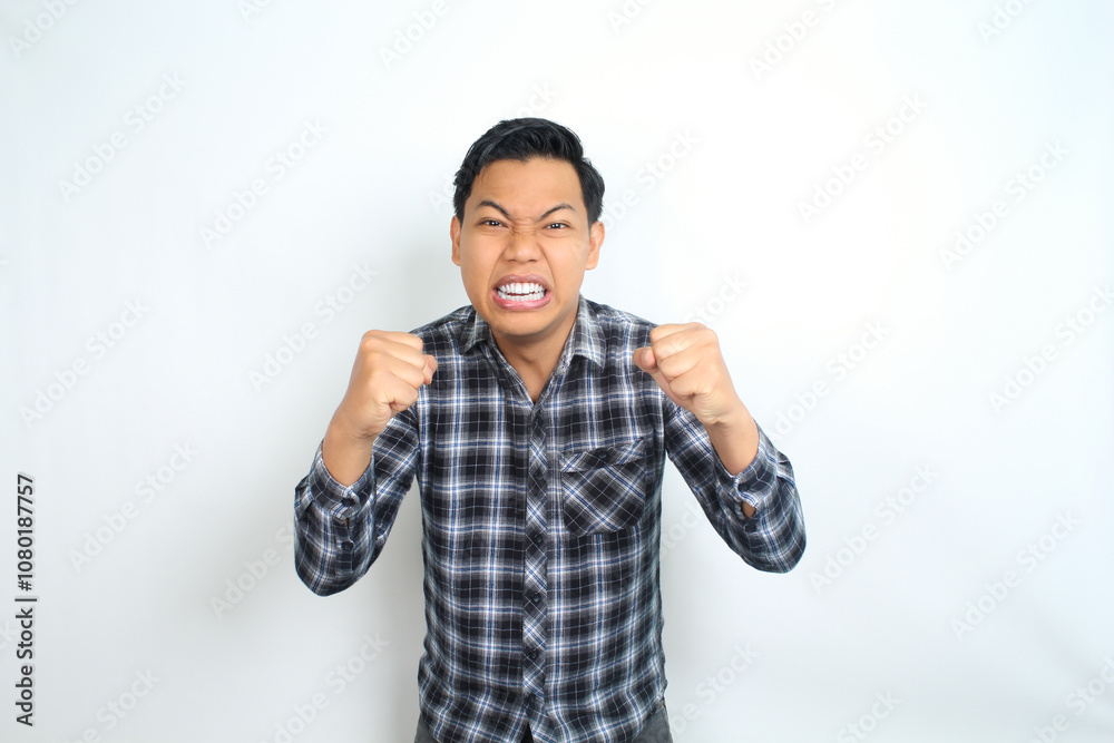 angry asian man raising hand show furious expression isolated on white wear plaid shirt angry asian man raising hand show furious expression isolated on white wear plaid shirt