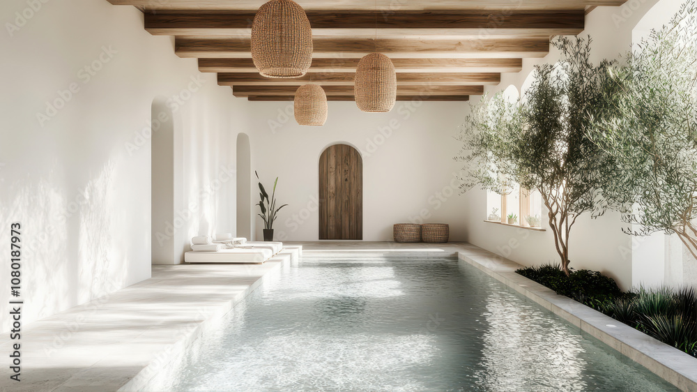 Fototapeta premium Experience Serenity in a Minimalist Pool Area Embraced by Warm Wood and Elegant Design Elements