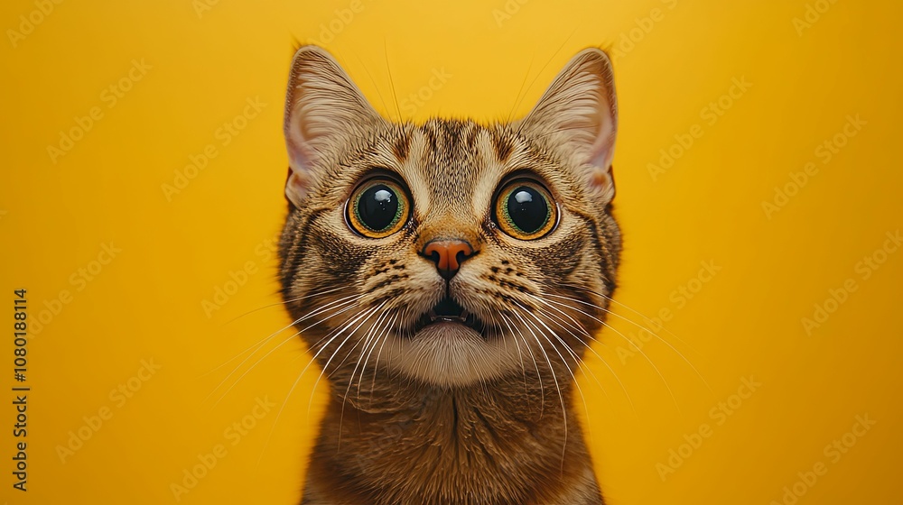 Close-up Portrait of a Surprised Tabby Cat with Wide Eyes Against a Yellow Background Close-up Portrait of a Surprised Tabby Cat with Wide Eyes Against a Yellow Background