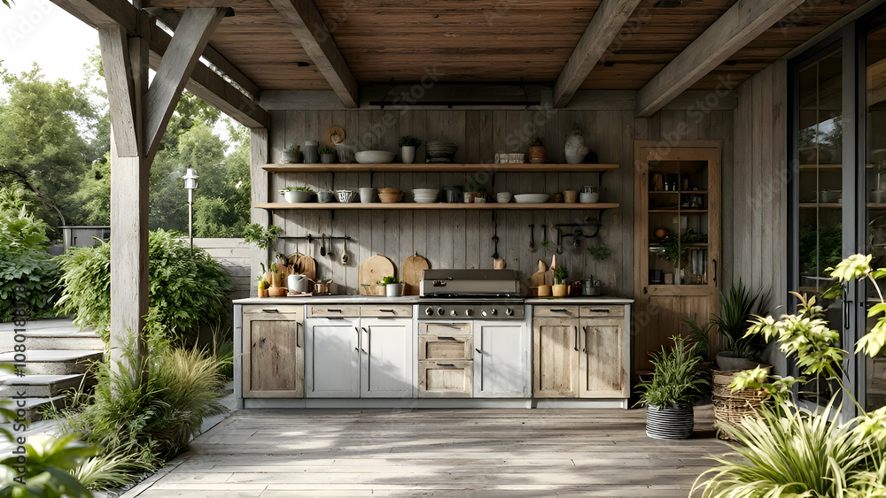 Fototapeta premium Vintage kitchen made of wood in a mixed style, located outside the house.