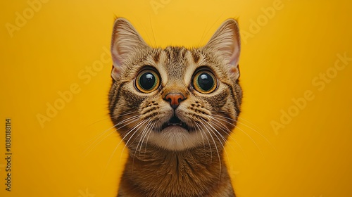 Close-up Portrait of a Surprised Tabby Cat with Wide Eyes Against a Yellow Background