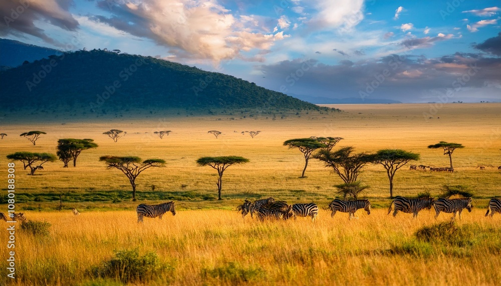 The Sweeping Savanna of the Serengeti, Tanzania, Stretching Into the Distance, Home to the Famous African Wildlife, Including Elephants, Lions, and Zebras Roaming Freely The Sweeping Savanna of the Serengeti, Tanzania, Stretching Into the Distance, Home to the Famous African Wildlife, Including Elephants, Lions, and Zebras Roaming Freely
