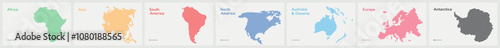 Vector Map Set of 7 Continents in a Spiral Circular Pattern: Asia, Africa, Europe, South America, North America, Australia and Oceania, Antarctica