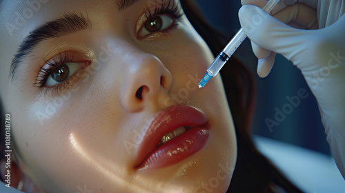 A woman is given a cosmetic injection in the lip area. The syringe is close to the face. Cosmetic procedure. photo