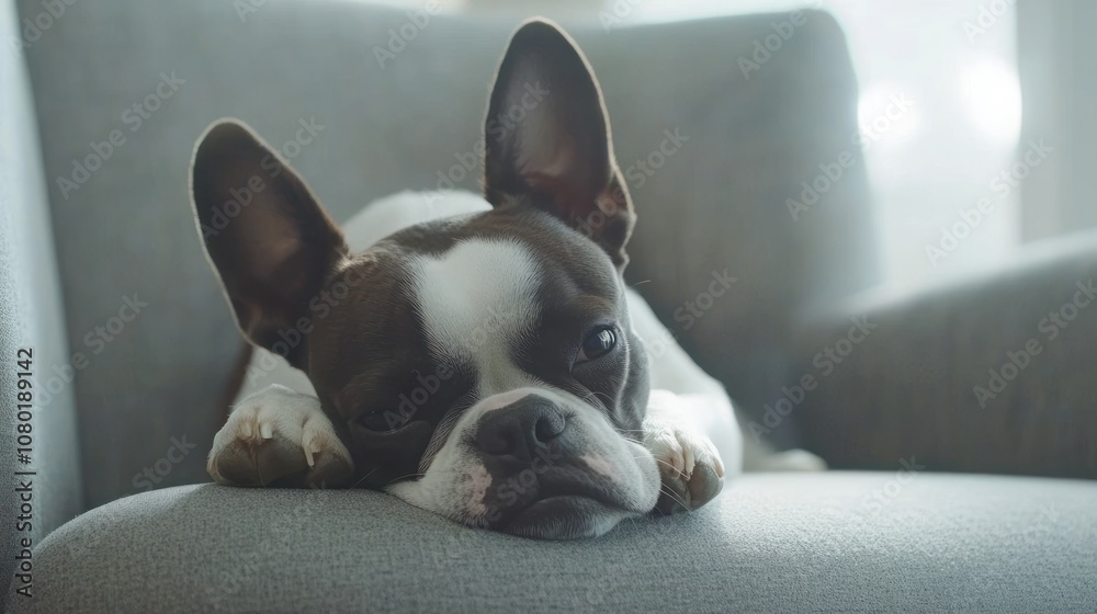 A relaxed dog resting on a couch, showcasing a calm and cozy atmosphere. A relaxed dog resting on a couch, showcasing a calm and cozy atmosphere.