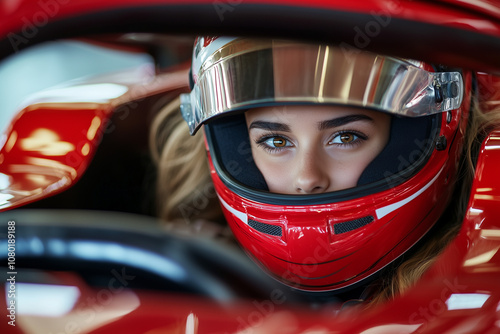 Girl in helmet driving racing car, Formula 1 pilot...