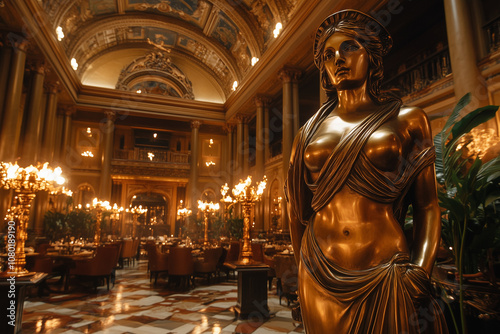 Female woman sculpture made of gilded stone in luxurious apartments background... photo