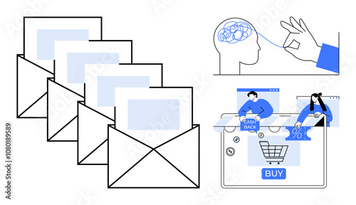 Envelopes indicating email campaigns, hand controlling a brain representing neuromarketing, and people shopping online. Ideal for digital marketing, email campaigns, consumer behavior, online retail