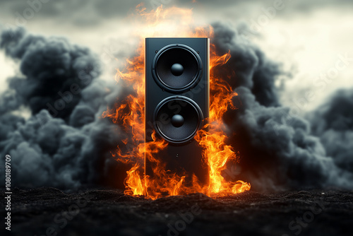 Modern stereo system speakers on fire background.
