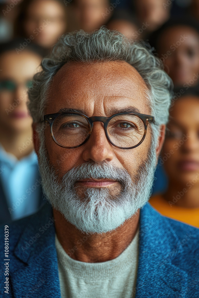 An older gentleman with gray hair and glasses stands prominently among diverse individuals in a workshop, exuding confidence and experience An older gentleman with gray hair and glasses stands prominently among diverse individuals in a workshop, exuding confidence and experience