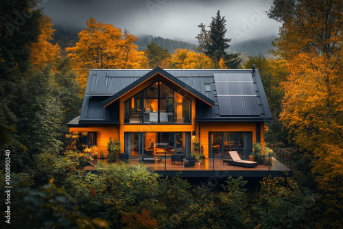 Modern house in dense forest with solar battery panels on roof.....