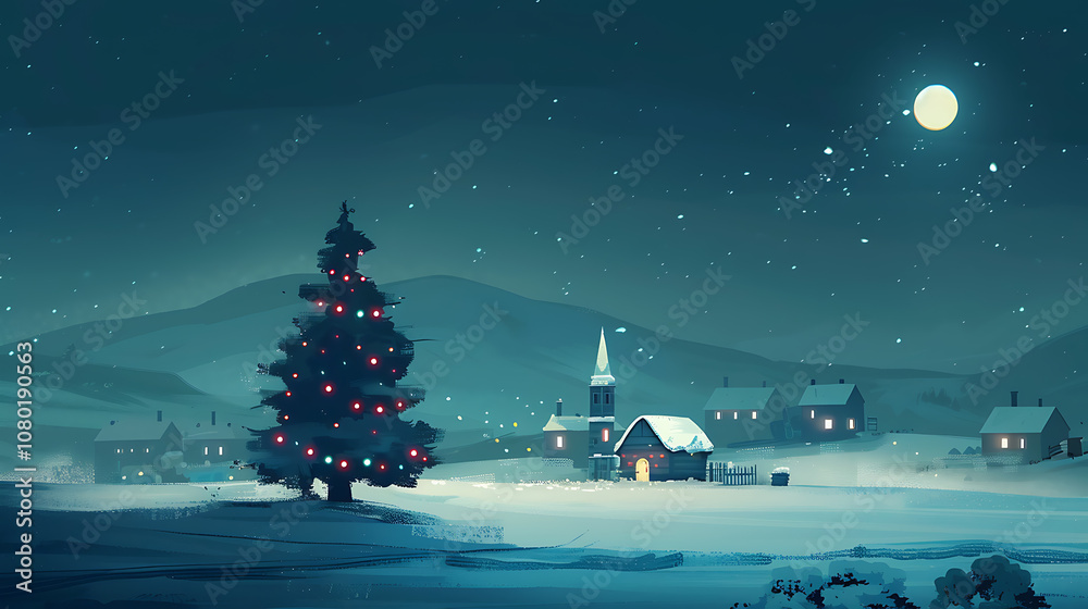 Winter village with christmas tree and house at night. Vector illustration.
Winter village with christmas tree and house at night. Vector illustration.