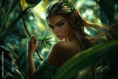 Beautiful girl forest elf on green forest background with bow in hand.....