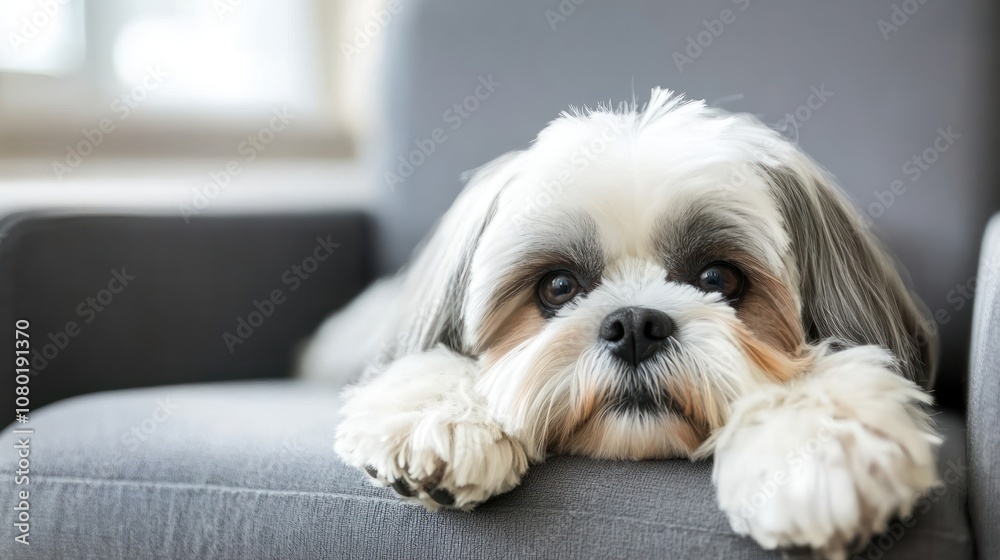 A cute dog resting on a gray chair, looking curiously at the viewer. A cute dog resting on a gray chair, looking curiously at the viewer.
