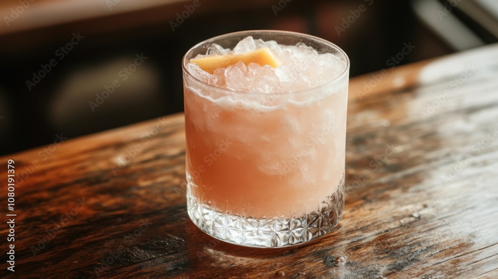 A refreshing cocktail served in a crystal glass on a wooden surface. A refreshing cocktail served in a crystal glass on a wooden surface.