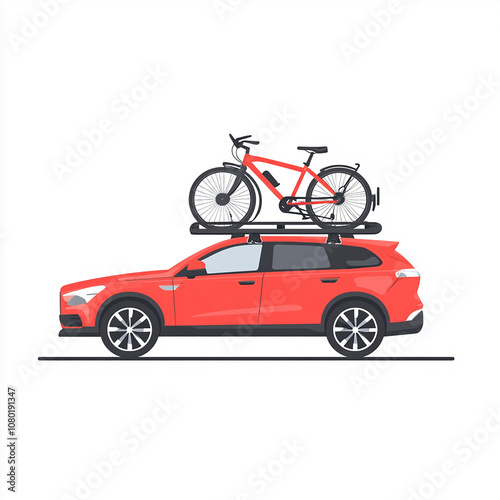 Red SUV with a bike on a roof rack, isolated on a white background.