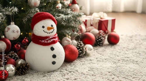 Charming scene of a snowman with a red scarf amidst christmas tree and festive decorations