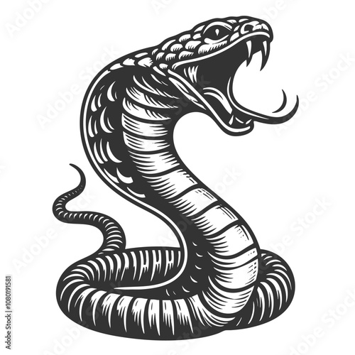 coiled cobra with its hood flared, showcasing classic artistic style and intricate line work sketch engraving generative ai vector illustration. Scratch board imitation. Black and white image.