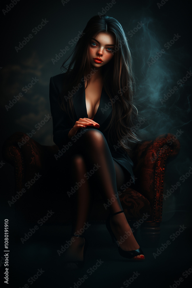 Beautiful girl in black tights and black blazer posing in black leather armchair on dark background. Beautiful girl in black tights and black blazer posing in black leather armchair on dark background.
