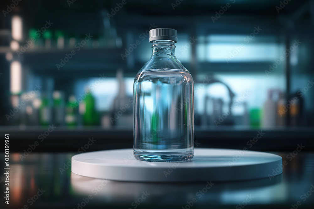 Bottle of crystal clear drinking water on laboratory table background.. Bottle of crystal clear drinking water on laboratory table background..