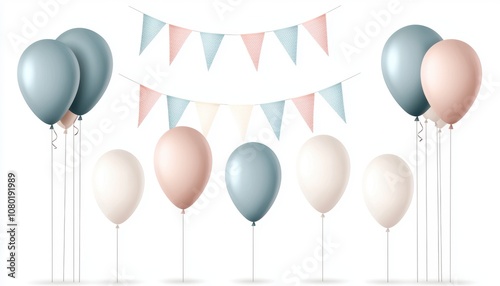 A collection of multi-colored balloons with streamers and hanging bunting, cheerful and celebratory, detailed and lively, isolated on white background