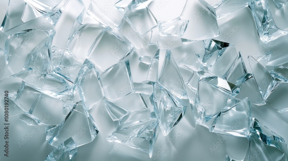 Scattered pieces of clear glass shards on a white background. Scattered pieces of clear glass shards on a white background.