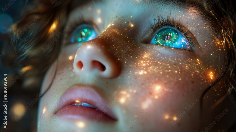 A child gazes upwards, mesmerized by shimmering cosmic reflections in their eyes under a starlit sky A child gazes upwards, mesmerized by shimmering cosmic reflections in their eyes under a starlit sky