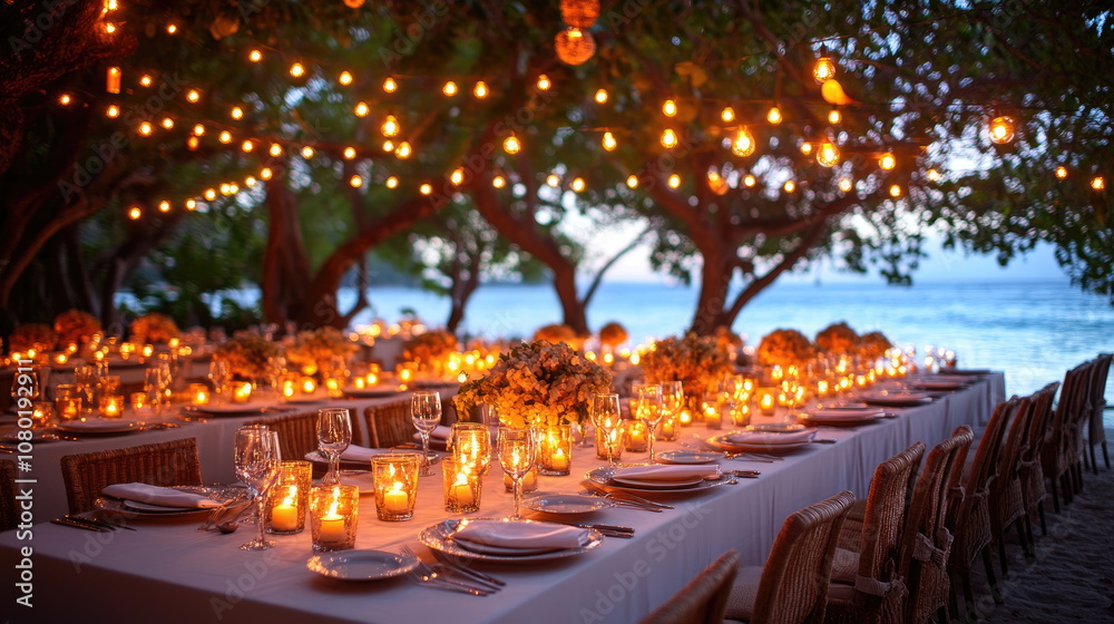 An elegant outdoor dining area by the beach, adorned with floral centerpieces and glowing candles, offers a warm dusk ambiance