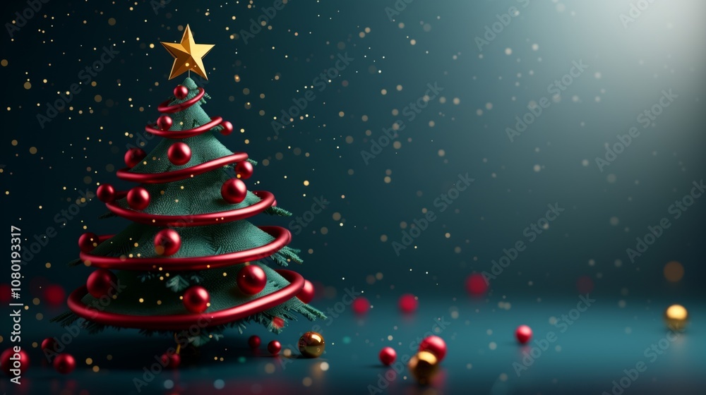 Elegant Christmas tree decorated with red baubles and a golden star on a dark blue background with sparkling lights. Elegant Christmas tree decorated with red baubles and a golden star on a dark blue background with sparkling lights.