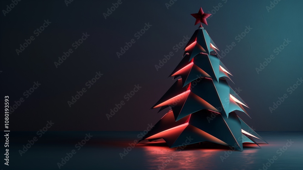 A stylized metallic Christmas tree with illuminated edges and a glowing red star on top, set against a dark background. A stylized metallic Christmas tree with illuminated edges and a glowing red star on top, set against a dark background.