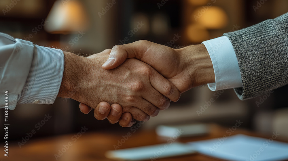 Two individuals engage in a firm handshake inside a contemporary office, marking the conclusion of a successful business negotiation