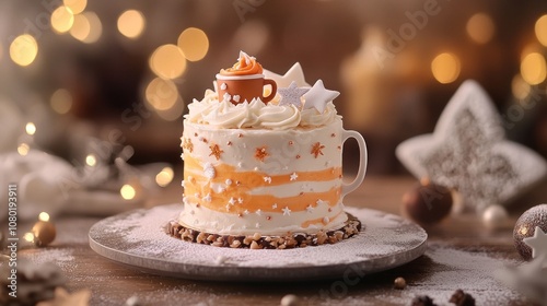 A festive cake decorated with cream, stars, and a miniature cup, set against a warm backdrop.